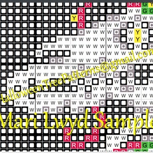 May include: A pixelated cross-stitch pattern with a black and white background. The design includes red, yellow, and green squares, with the text "HalloweenTreePatterns@gmail.com" and "Mari Lwyd Sample".
