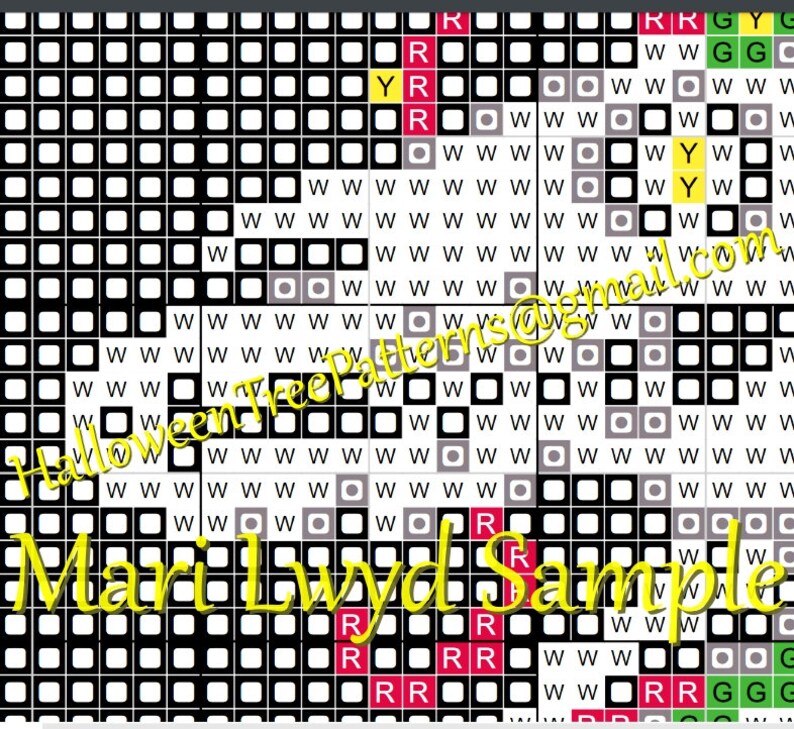 May include: A pixelated cross-stitch pattern with a black and white background. The design includes red, yellow, and green squares, with the text "HalloweenTreePatterns@gmail.com" and "Mari Lwyd Sample".