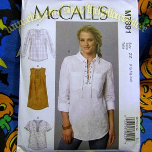 May include: McCall's sewing pattern M7391. The image shows a woman in a white lace-up shirt. The pattern includes diagrams of various shirt styles, such as a long-sleeved plaid shirt, a sleeveless dress, and a short-sleeved shirt. Size ZZ (Lrg-Xlg-XXL).