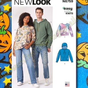 May include: Sewing pattern for a hooded sweatshirt and a long-sleeved shirt. The pattern is from New Look and is labeled "easy just for knits". The pattern number is N6759.