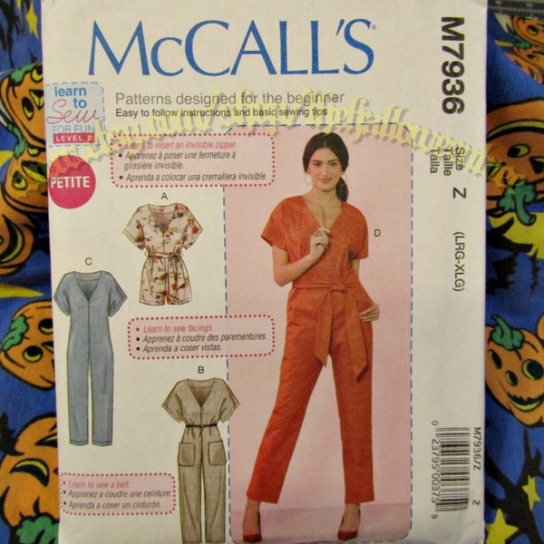 McCalls 7936 Sewing Pattern Overalls Jumpsuit jumper Romper sizes Large to XL M7936