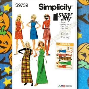 May include: Vintage Simplicity sewing pattern number S9739 for a dress with an apron overlay. The pattern includes four different styles of dresses, including a long plaid dress, a long green dress, a short red and white gingham dress, and a short blue dress. The pattern is labeled "Super Jiffy" and "1970s Vintage".