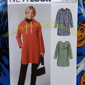 May include: Sewing pattern for a hooded tunic dress with long sleeves. The pattern is for sizes XS-XXL and includes instructions for making the dress in two different styles. The pattern is from New Look and has the number N6706.