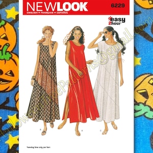 May include: A sewing pattern for three different maxi dresses. The pattern is called "Newlook" and the pattern number is 6229. The pattern is labeled "easy 2 hour".