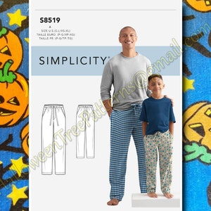 May include: A sewing pattern for pants, Simplicity pattern number S8519. The pattern includes instructions for making pants in sizes S-L/XS-XL. The pattern is illustrated with two people wearing the pants, one in a blue and white plaid pattern and the other in a beige and blue star pattern.