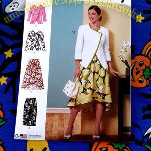 May include: A Simplicity sewing pattern for a women's jacket and skirt. The pattern includes a white jacket with a green trim, a black and white patterned skirt, a pink jacket, a black and white patterned skirt, and a black and white patterned skirt. The pattern is for sizes 16-24.