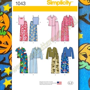 May include: Simplicity pattern 1043 featuring various pajama sets. Designs include tank tops and pants, short-sleeved and long-sleeved shirts with matching pants. Patterns showcase hearts, floral, and animal prints. The pattern is designed and printed in the USA.