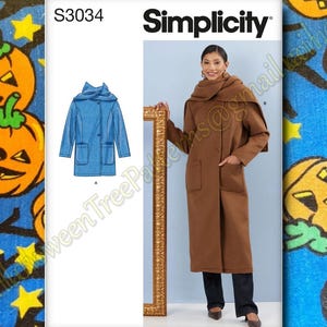 May include: Simplicity sewing pattern S3034 for a long coat with a collar and pockets. The pattern includes two views: a blue coat with a collar and a brown coat with a collar and pockets.