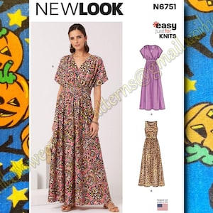 May include: Sewing pattern for two maxi dresses. The pattern is called "New Look" and the pattern number is N6751. The pattern is for "easy just for knits". The first dress is a pink and black floral print with a V-neck and short sleeves. The second dress is a brown and black animal print with a round neck and no sleeves.