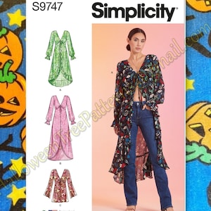 May include: Simplicity sewing pattern S9747 for a long, flowing top with a tie front and a high low hem. The pattern includes three different versions: a green floral print, a pink floral print, and a red floral print. The pattern is designed and printed in the USA.