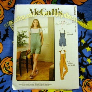 May include: McCall's sewing pattern M8204 featuring a woman in a green romper. The pattern includes illustrations of a denim romper and orange overalls. The text reads "Learn to Sew".