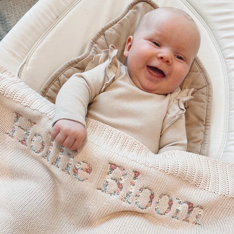 Personalised Baby Blanket, Boho Baby, Floral Baby Blanket, Personalised Gift, First Christmas, Knit Blanket, Baby Gift, First Birthday, Baby zdjęcie 3