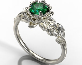 Emerald Engagement Ring, Emerald Ring, Floral Engagement Ring, Unique Emerald Ring, Unique Leaf Ring, Lotus Ring, Green Emerald Ring