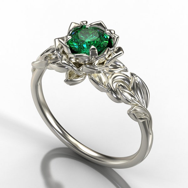 Emerald Engagement Ring, Emerald Ring, Floral Engagement Ring, Unique Emerald Ring, Unique Leaf Ring, Lotus Ring, Green Emerald Ring