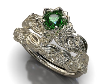 Emerald Leaf Ring, Leaf Engagement Ring White Gold, Emerald Flower Ring, Nature Inspired Emerald Engagement Ring Set, Natural emerald ring