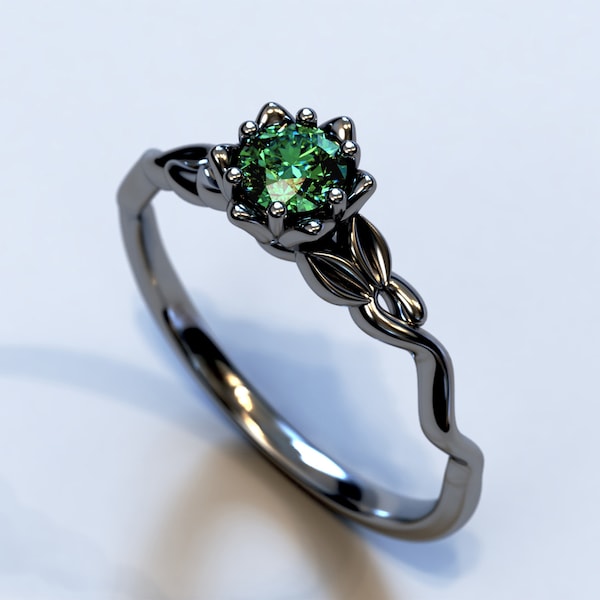 Emerald Leaf Ring, Emerald Ring, Delicate Ring, Delicate Leaf Ring, Black Gold Emerald Ring, Leaf Swirl Ring, Swirl Ring, Black Gold Ring