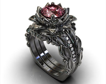 Pink Moissanite Engagement Ring, Wedding Ring Set, Moissanite Ring Set, Black Gold Moissanite Ring, Unique Engagement Ring, Triple Ring Set