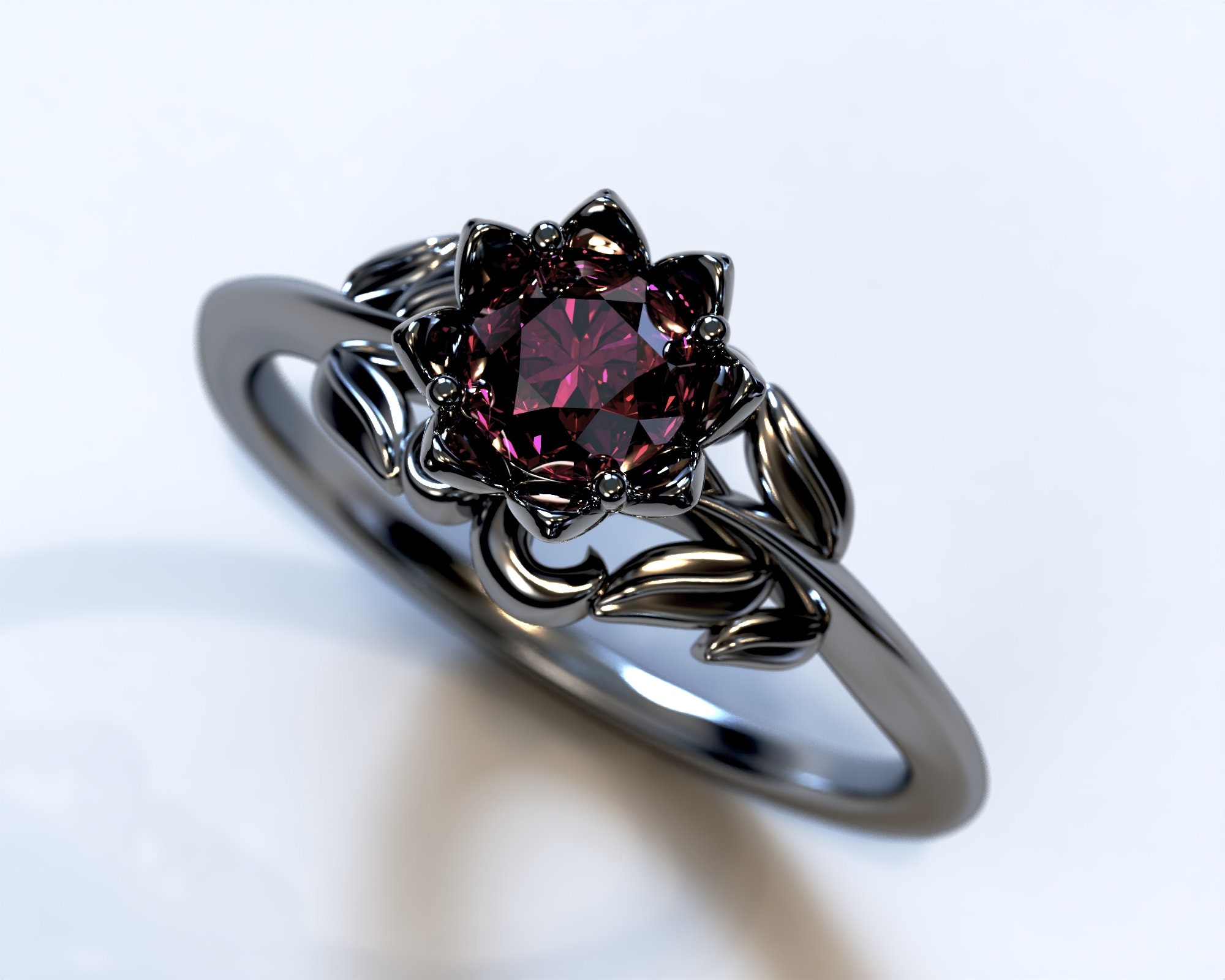 Flower Engagement Ring With Ruby / Black Gold Engagement Ring / Unique Ruby  Ring / Nature Inspired Ring / Leaf Design Ring / Flower Ring 