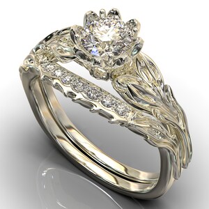 Flower Engagement Ring,Wedding Ring Set,Moissanite Engagement Ring,Unique Engagement Ring,Halo Engagement Ring,wedding ring sets,Lotus Leaf