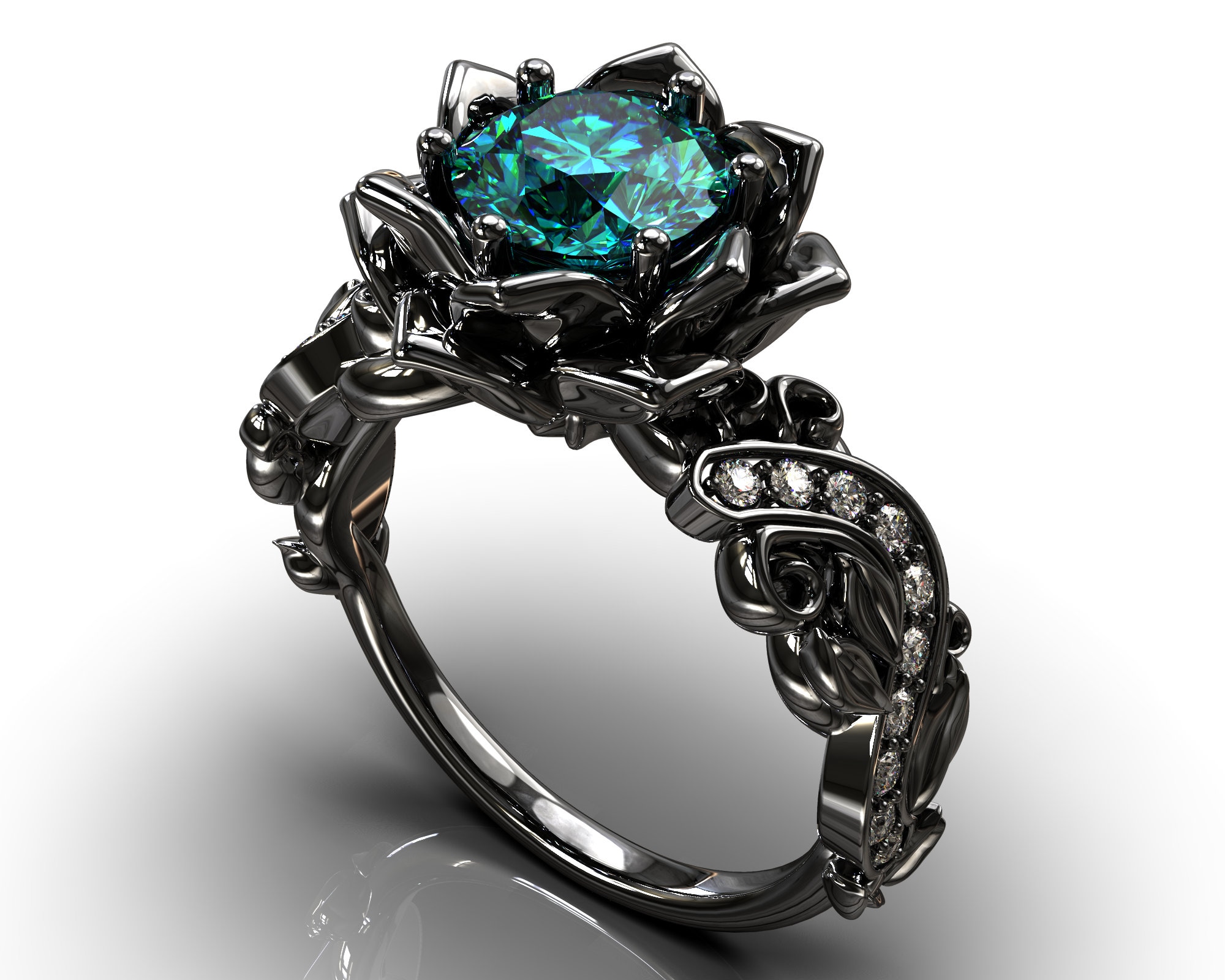Montana Sapphire Engagement Ring / Black Gold Ring / Floral Engagement Ring / Nature Inspired Ring / Twig Leaf Ring / Black Gold Flower