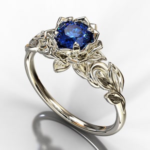 Blue Sapphire Ring, Blue Sapphire Engagement Ring, Sapphire Leaf Ring, Floral Engagement Ring, Leaf Flower Ring, leaf Lotus ring