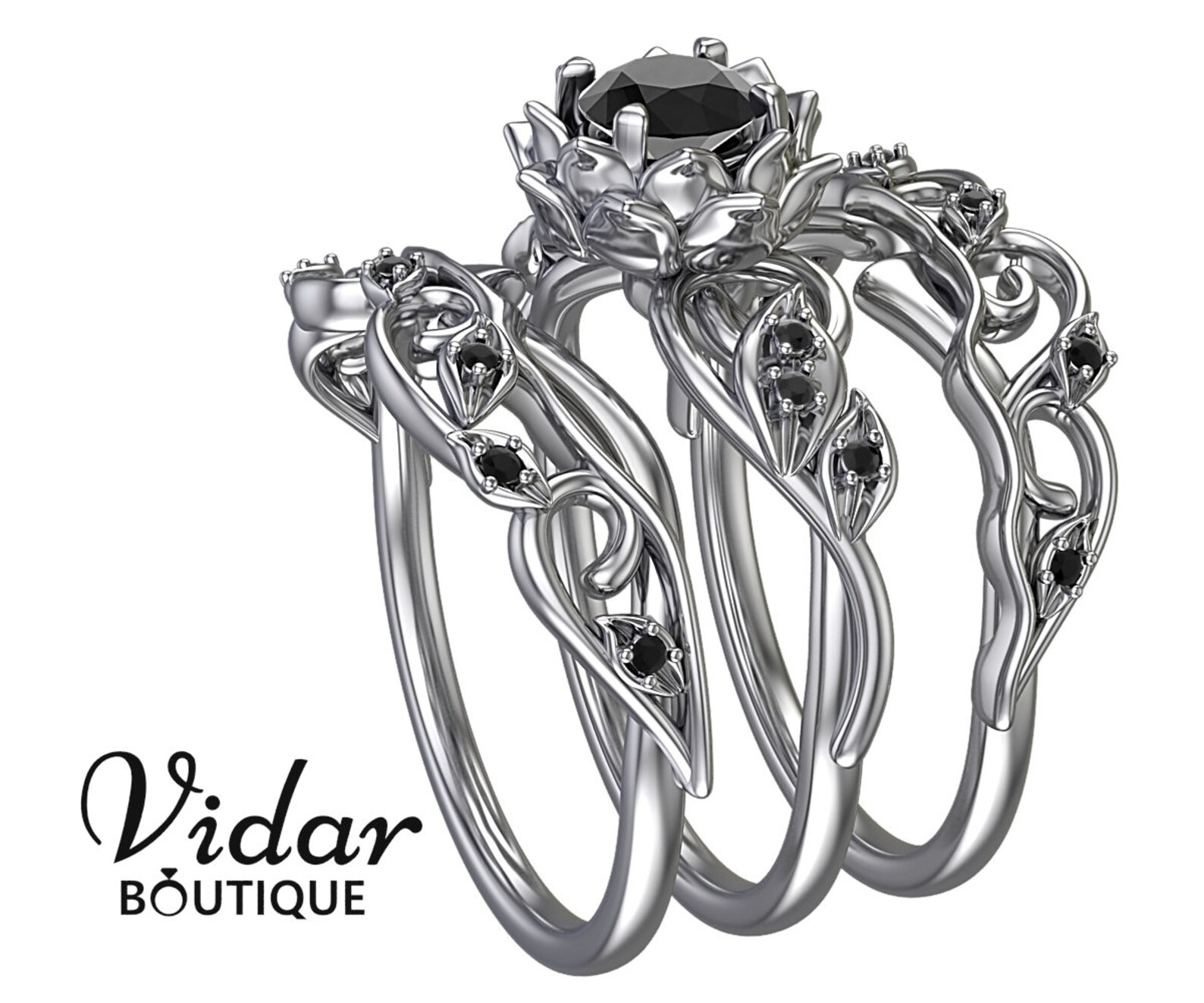 Black Diamond Engagement Ring White Gold Flower Wedding Ring Etsy