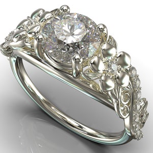 Blumen Verlobungsring / Einzigartiger Verlobungsring / Weißgold Blätter Diamant Verlobungsring / Moissanit Verlobungsring für Frauen / Unikat