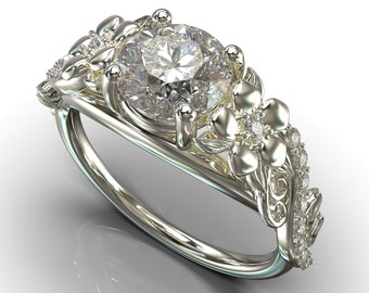 Flower Engagement Ring / Unique Engagement Ring / White Gold Leaves Diamond Engagement Ring / Moissanite Engagement Ring For Women / Unique