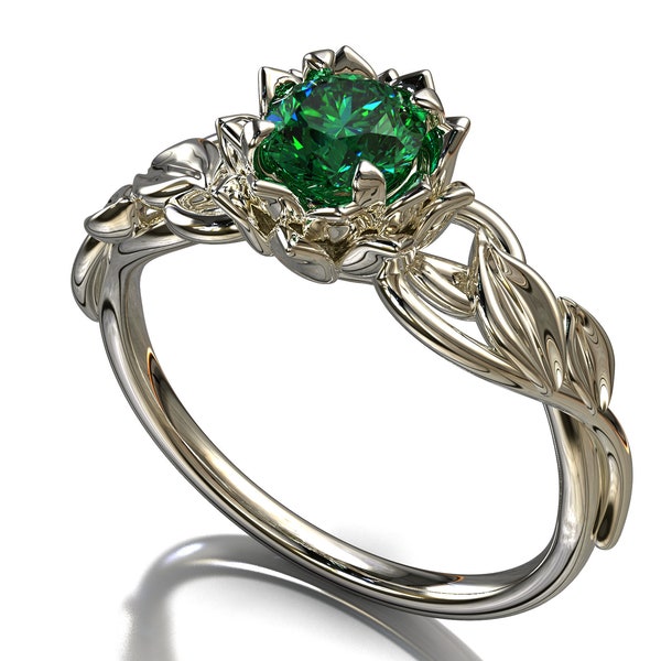 Flower Emerald Ring / Lotus Engagement Ring / White Gold Flower Ring / Unique Engagement Ring / Nature Inspired Engagement Band / Fem Ring