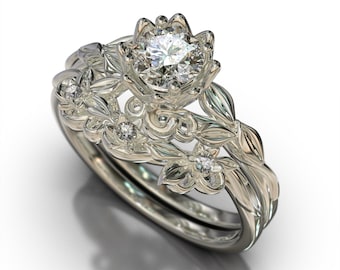 Unique Flower Diamond White Gold Ring / Leaf Bridal Ring Set / Leaf Band Bridal Set / Leaf Jewelry Set / Floral Engagement Ring Set