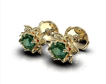 Lotus Earrings / Emerald Studs / Emerald Stud Earring / Dainty 14K Gold Earrings / Solid Gold Earrings / 40th birthday gift for women