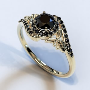 Yellow Gold Engagement Ring / Halo Engagement Ring / Black Diamond Floral Band / Leaf Engagement Ring / Nature Inspired Engagement Ring