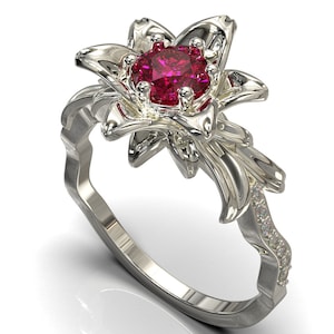 Ruby Engagement Ring, Gold Ruby Ring, Ruby Ring White Gold, Antique Ruby Ring, Ruby Diamond Flower Ring