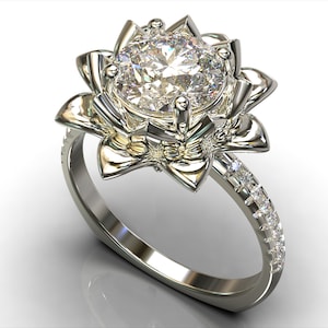 Moissanite Engagement Ring,Unique Flower Engagement Ring,Flower Engagement Ring,Lotus Ring,Vintage Ring,Leaves Engagement Ring,Fine Ring