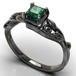 Smaragd Verlobungsring, Schwarzgold Ring, Schwarzgold Verlobungsring, Princess Cut Verlobungsring, Smaragd Blattring, Smaragd Blume Ring