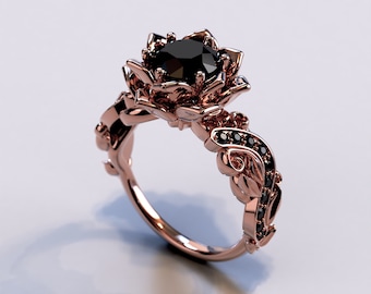 Zwarte diamanten verlovingsring / roségouden ring / op de natuur geïnspireerde ring / verlovingsring bloem / verlovingsring lotus / ring takje blad