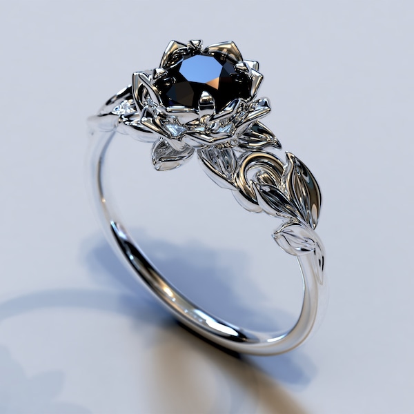 Black Diamond Ring, Black Diamond Engagement Ring, Gothic Ring, Flower Engagement Ring, Unique Lotus Ring, Leaf Engagement Ring, Floral Ring