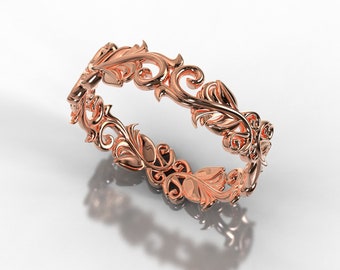 Alianza de boda de hoja, Anillo de boda de la naturaleza, Boda de oro rosa, Anillo de boda vintage, Banda de oro rosa de 14k, Anillo de oro rosa, Hoja de anillo de bodas