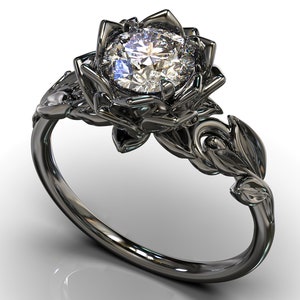 Schwarzer Goldring, schwarzer Verlobungsring, Blatt-Verlobungsring, einzigartiger Blattring, Lotus Ring, weißer Saphir-Verlobungsring