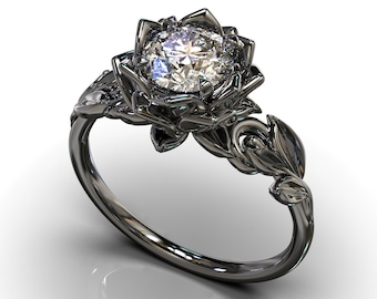 Schwarzer Goldring, schwarzer Verlobungsring, Blatt-Verlobungsring, einzigartiger Blattring, Lotus Ring, weißer Saphir-Verlobungsring