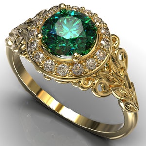 Emerald Engagement Ring / Feminine Gold Engagement Ring / Flower Engagement Ring / Nature Inspired Ring / Leaf Wedding Ring / Handmade Ring