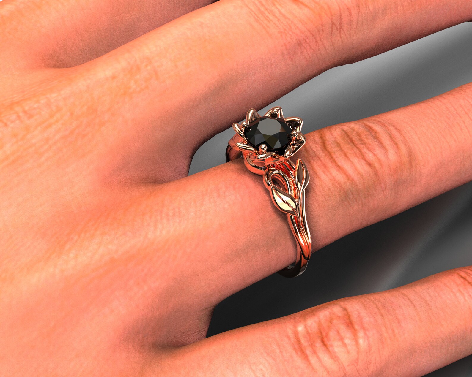 Black Diamond Rose Gold Ring Black Solitaire Rose Gold Ring Etsy