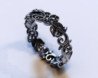 Black Leaf Wedding Band, Nature Wedding Ring, Black Gold Wedding, Gothic Wedding Ring, 14K Black Gold Band, Nature Inspired Wedding Ring