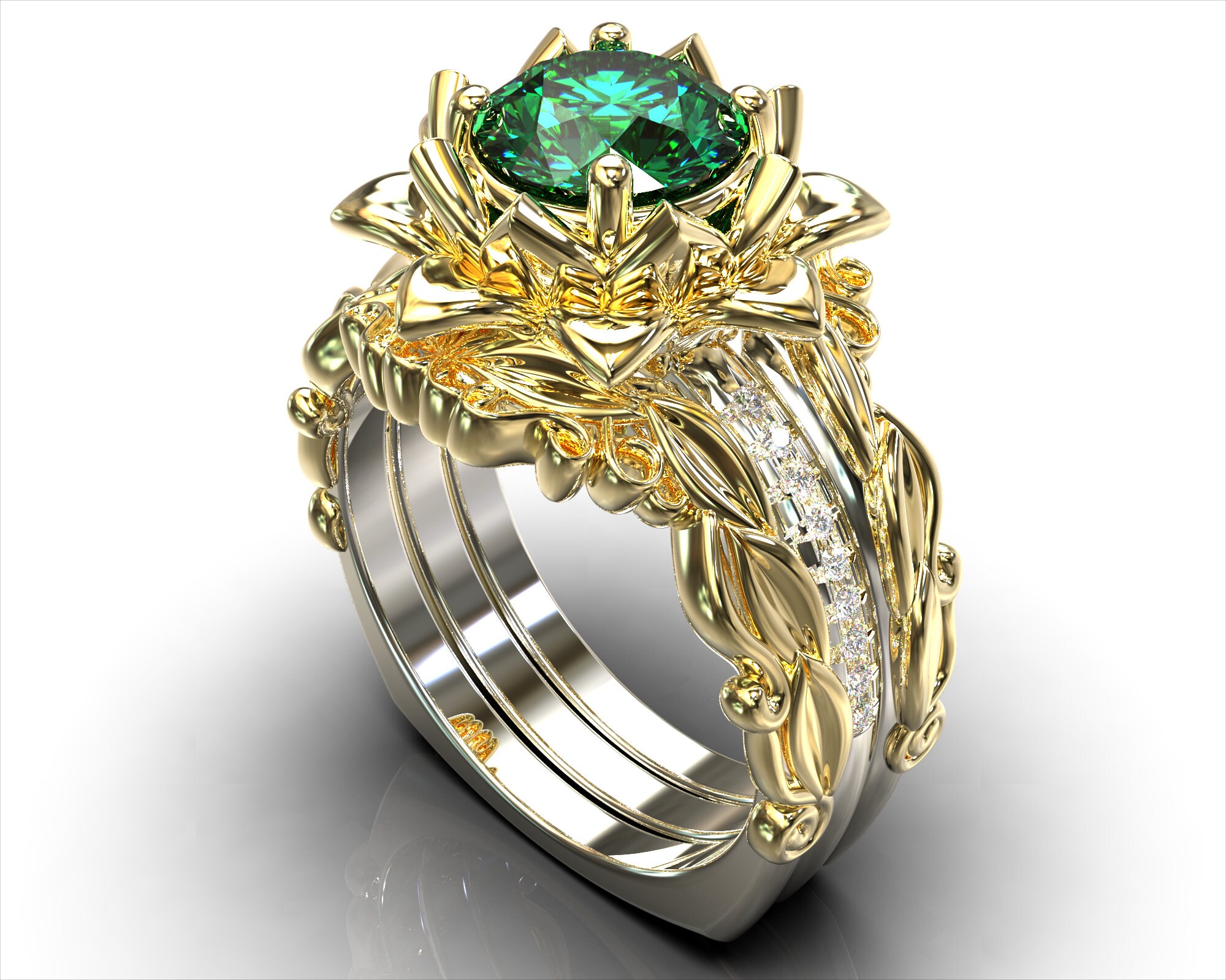 3 Band Bridal Set, Emerald Ring, Green Ring Set, Leaves Ring Green, Nature Ring Set, Wedding Ring Set, Emerald Yellow Gold Ring