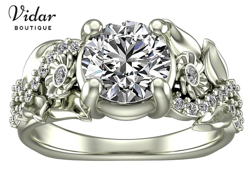 Flower Engagement Ring Unique Engagement Ring White Gold Etsy