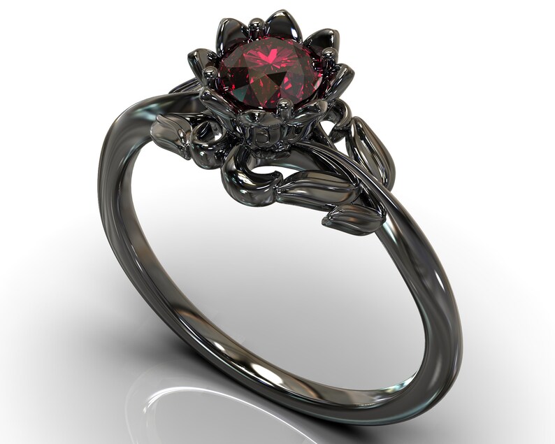 Flower Engagement Ring With Ruby / Black Gold Engagement Ring Etsy