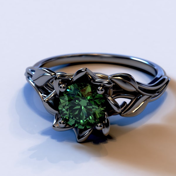 Emerald Engagement Ring Black Gold Ring Emerald Leaf Ring Lotus Flower Engagement Ring In 14K Black Gold