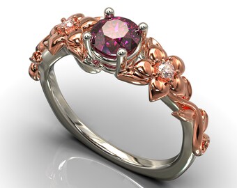 Two Tone Gold Flower Engagement Ring / Rose Gold Ruby Ring / Feminine Ruby Engagement Ring / Diamond Engagement Ring / Unique Design Ring