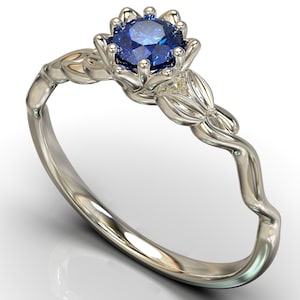Unique Engagement Ring / Flower Ring For Women / Twirl Design Band / Sapphire Engagement Ring / White Gold Nature Inspired Ring / Woman Ring