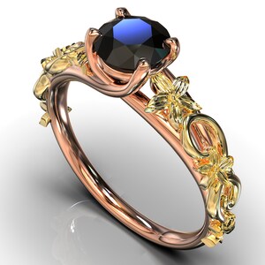 Black Gold Ring, Flower Engagement Ring, Unique Engagement Ring, Morganite Engagement Ring, Two Tone Ring, Black Gold Rose, Pink Morganite